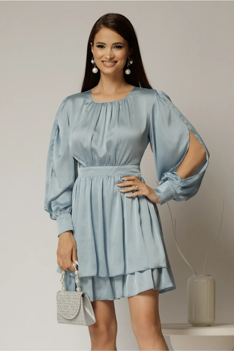 Rochie DY Fashion bleu scurta din voal cu manecile sparte si fusta suprapusa