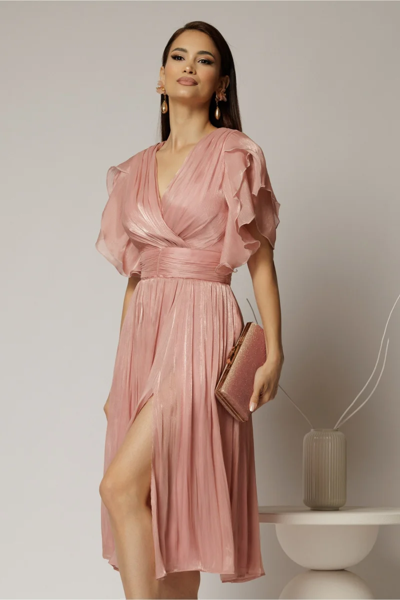 Rochie DY Fashion midi roz cu manecile suprapuse si decolteu petrecut