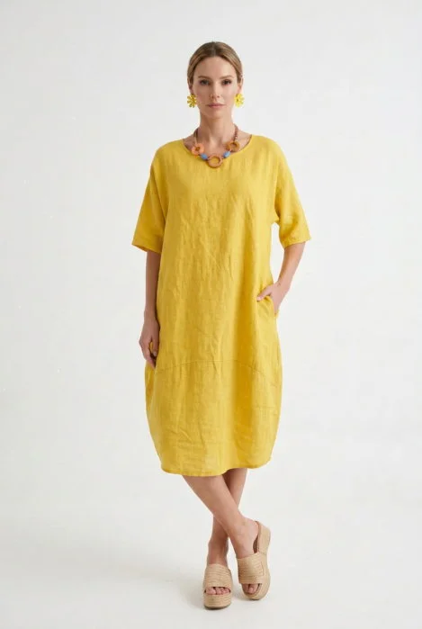 Rochie lejera de vara din in cu croi lalea oversized, galben turmeric
