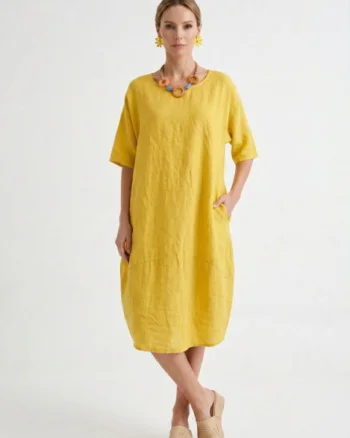 Rochie lejera de vara din in cu croi lalea oversized, galben turmeric