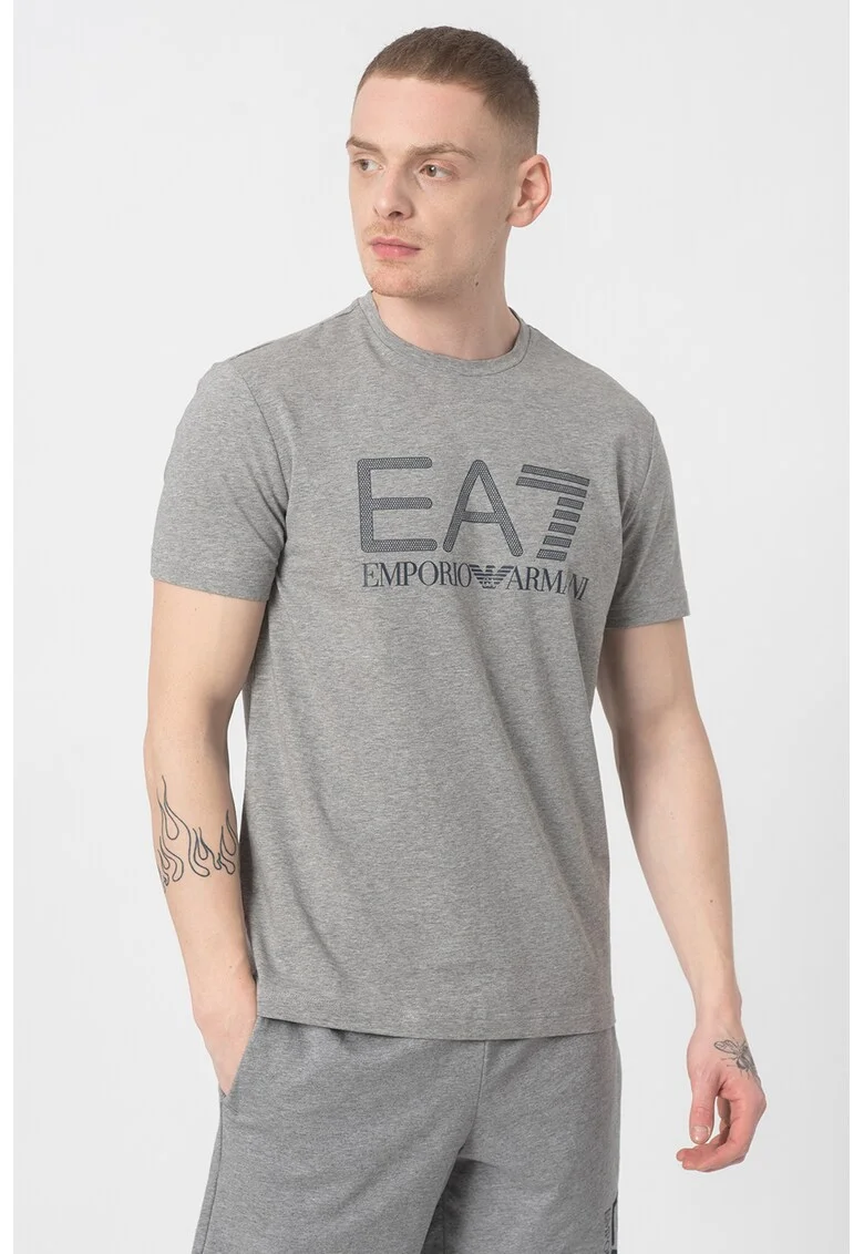 Tricou cu decolteu la baza gatului si imprimeu logo, Gri melange/Bleumarin