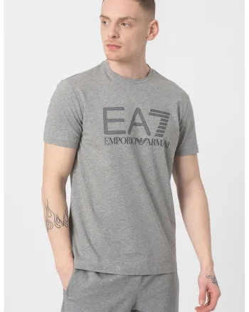 Tricou cu decolteu la baza gatului si imprimeu logo, Gri melange/Bleumarin