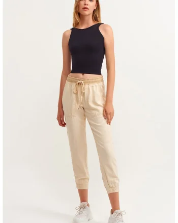 Pantaloni crop din lyocell cu snur, Bej deschis
