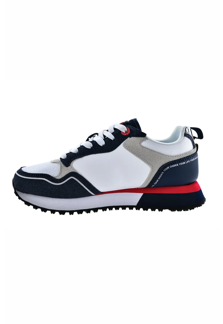 Pantofi sport din piele ecologica si garnituri din material textil, Alb/Gri/Bleumarin