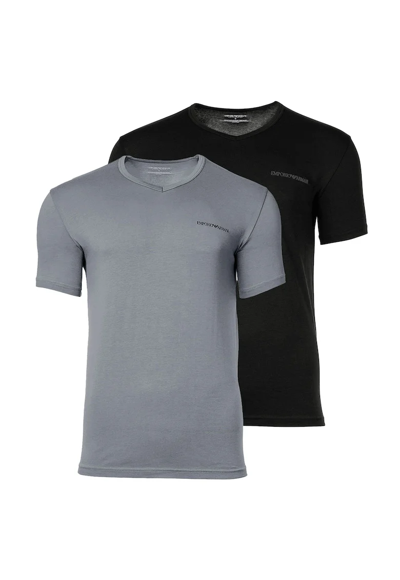 Set de tricouri cu decolteu la baza gatului si logo - 2 piese, Negru/Gri