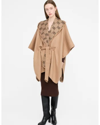 Poncho asimetric cu gluga, Bej
