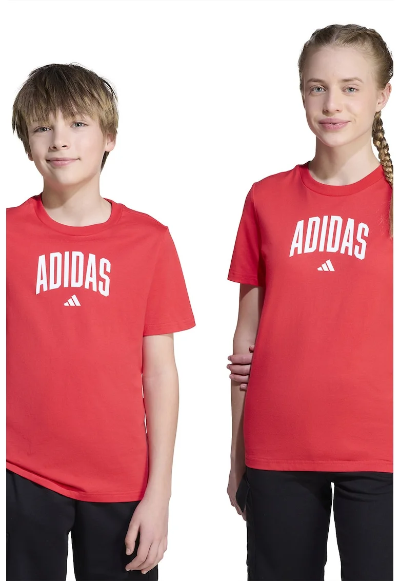 Tricou din bumbac cu decolteu la baza gatului si logo, Coral