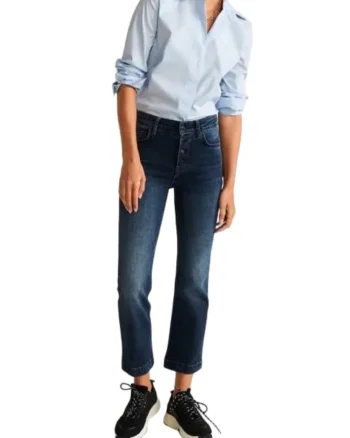 Pantaloni dama  drepti, talie inalta, albastru, bumbac-elastan,