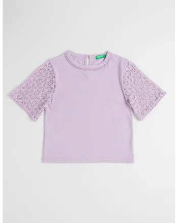 Tricou cu maneci din dantela florala, Lila