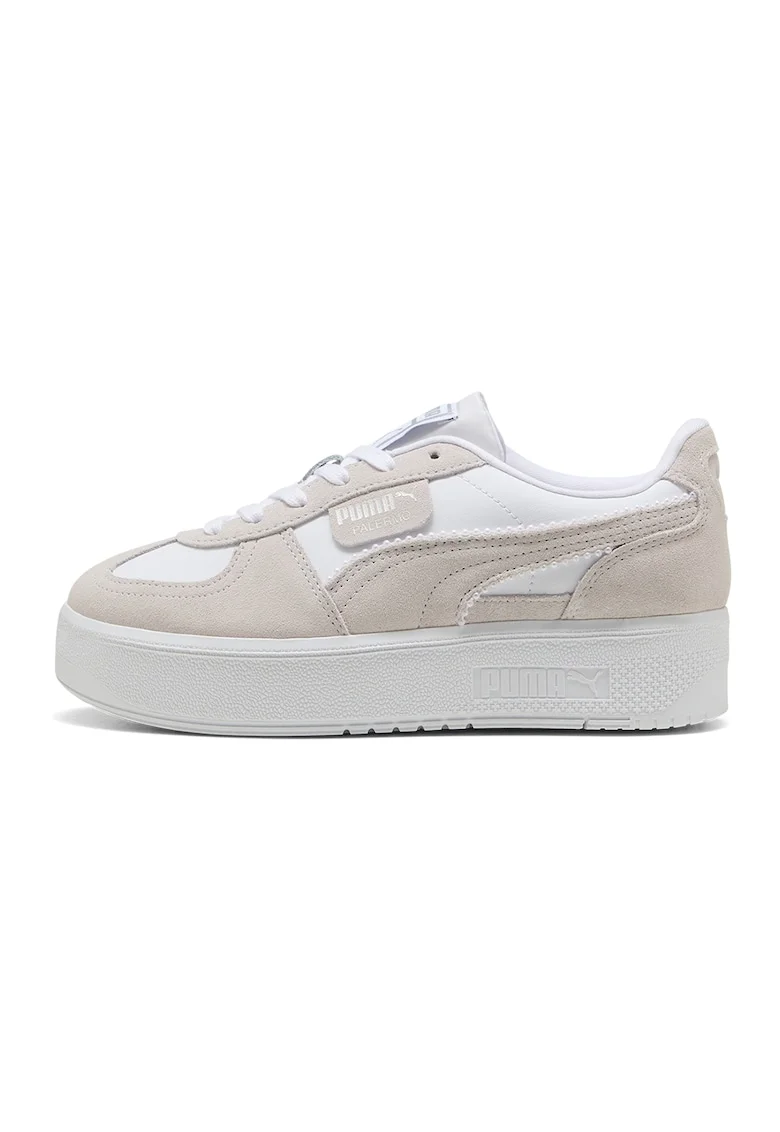 Pantofi sport flatform din piele intoarsa si piele Palermo Elevata, Alb/Maro taupe deschis