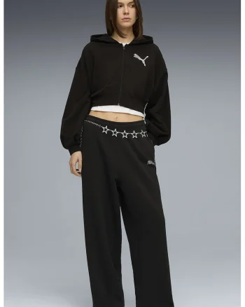 Pantaloni cu croiala ampla, talie medie si logo, Negru