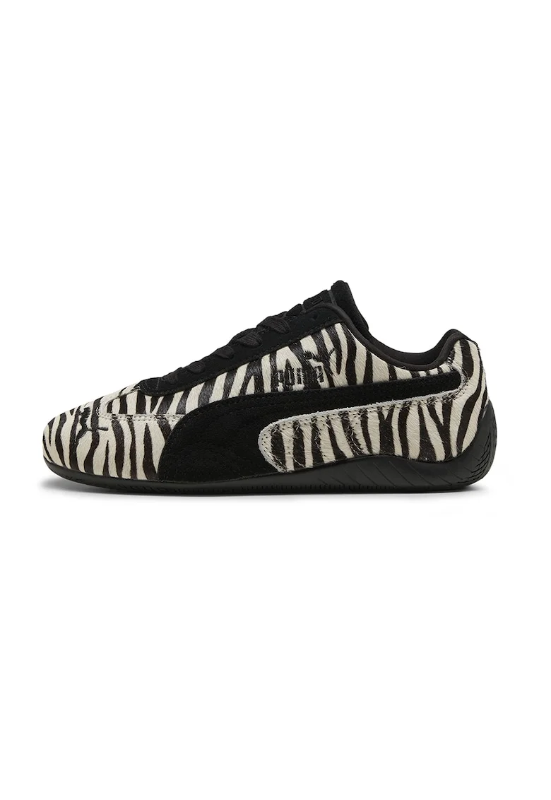 Pantofi sport de piele cu talpa plata si animal print, Negru/Crem
