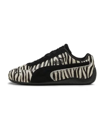 Pantofi sport de piele cu talpa plata si animal print, Negru/Crem