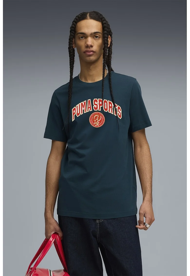 Tricou cu decolteu la baza gatului si imprimeu text, Verde englez