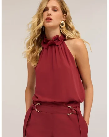 Bluza cu decolteu halter si model uni, Visiniu
