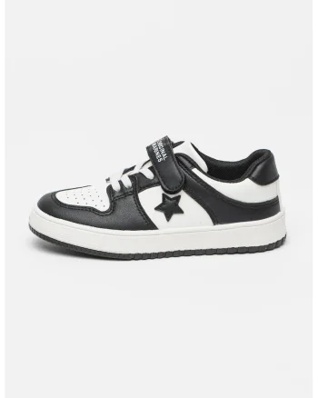 Pantofi sport din piele ecologica cu bareta cu inchidere velcro, Negru/Alb optic