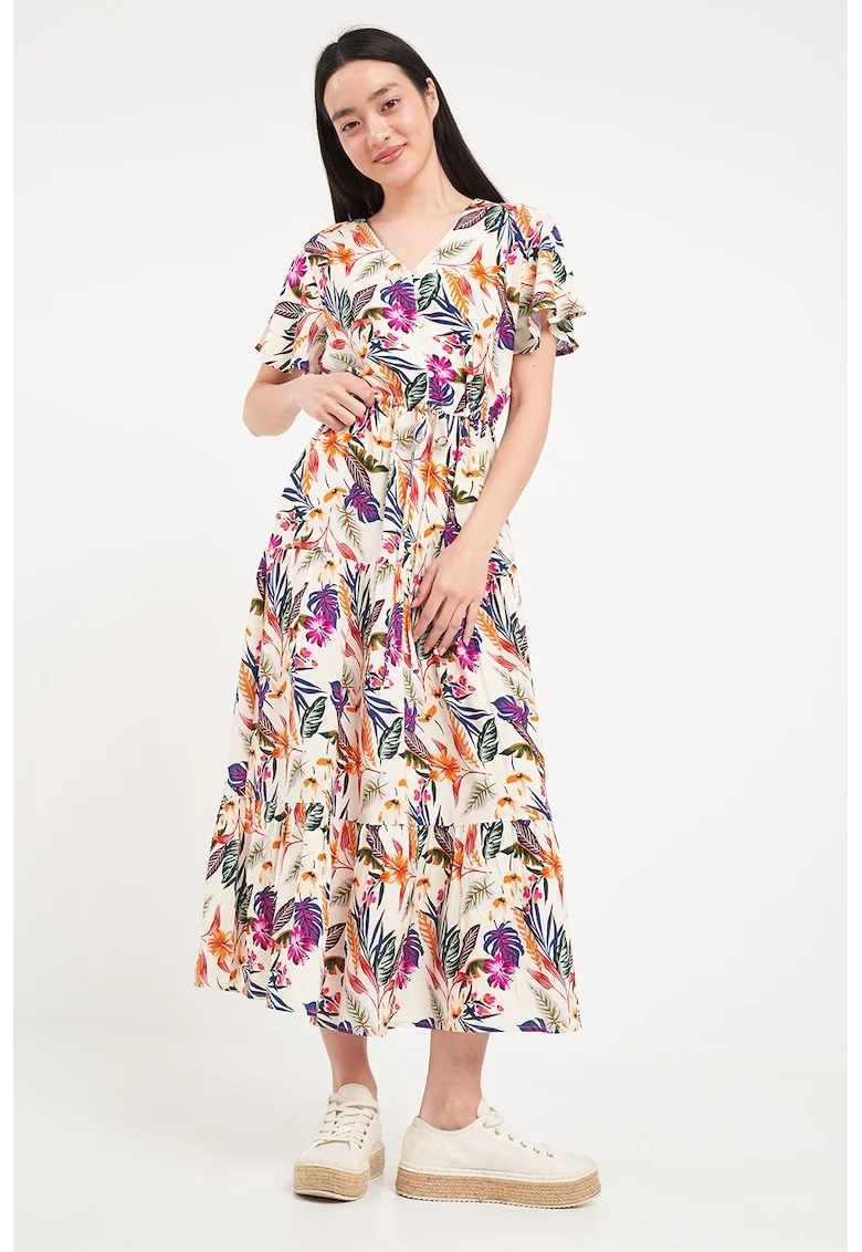Rochie lunga cu model floral si decolteu in V, Alb fildes/Portocaliu/Violet