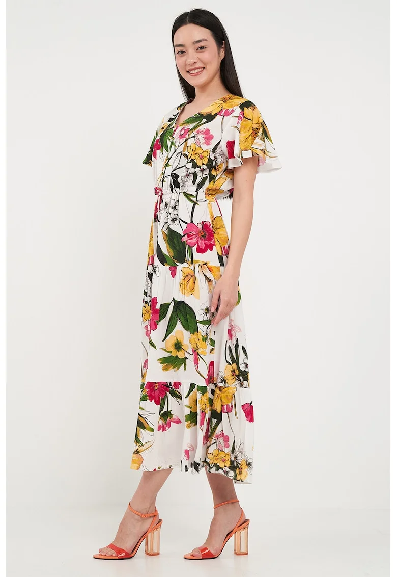 Rochie mini cu imprimeu si fronseuri, Alb/Galben/Verde inchis