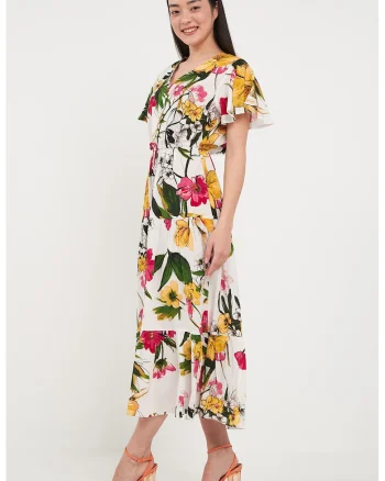 Rochie mini cu imprimeu si fronseuri, Alb/Galben/Verde inchis