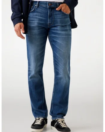 Blugi din denim cu croiala dreapta si aspect decolorat
