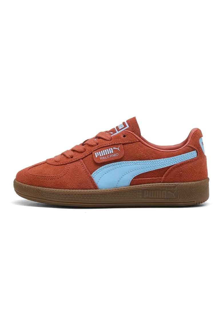 Pantofi sport Palermo de piele intoarsa si piele, Caramiziu/Albastru deschis neon