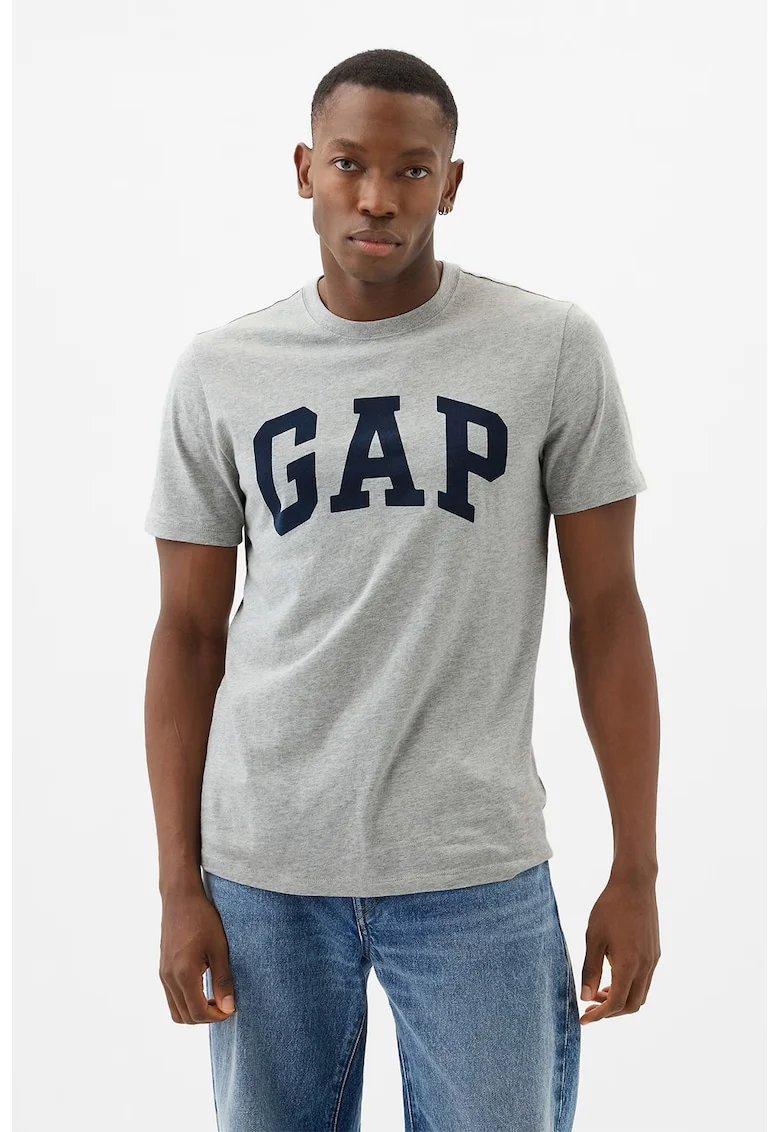 Tricou de bumbac cu imprimeu logo, Gri melange/Bleumarin