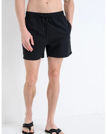 Pantaloni scurti de baie cu snururi si model uni, Negru