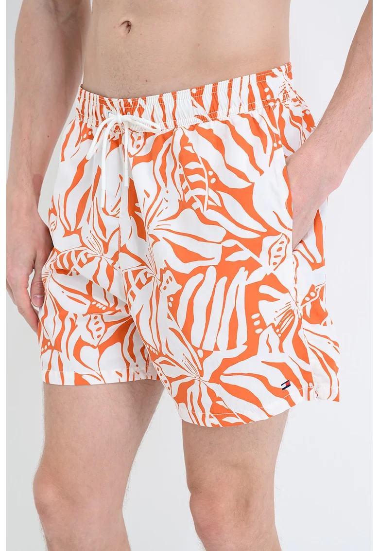 Pantaloni scurti de baie cu model si buzunare laterale, Alb/Portocaliu
