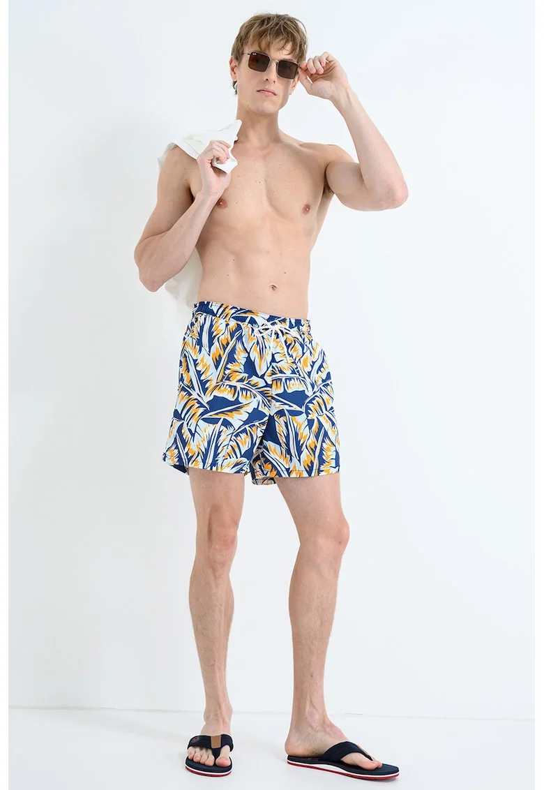 Pantaloni scurti de baie cu model si buzunare laterale, Alb/Portocaliu mandarina/Bleumarin
