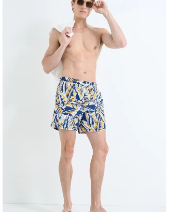 Pantaloni scurti de baie cu model si buzunare laterale, Alb/Portocaliu mandarina/Bleumarin