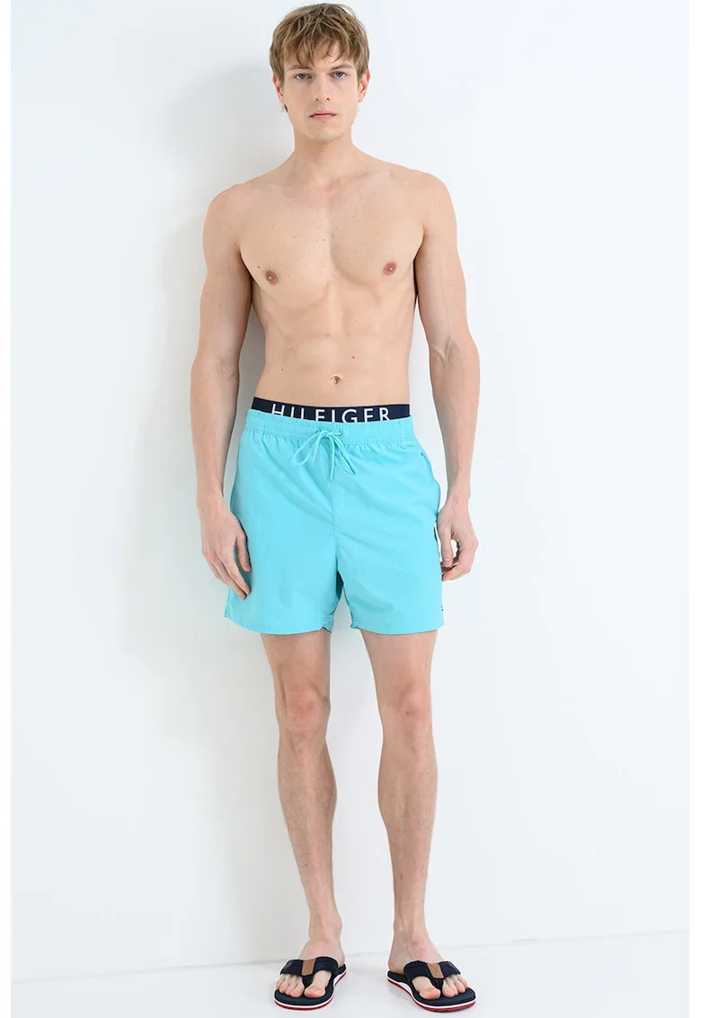 Pantaloni scurti de baie cu banda logo in talie, Turcoaz