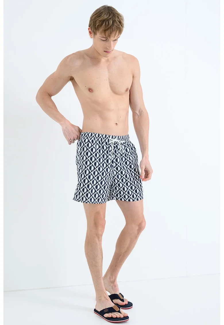 Pantaloni scurti de baie cu model si buzunare laterale, Alb/Albastru oceanic