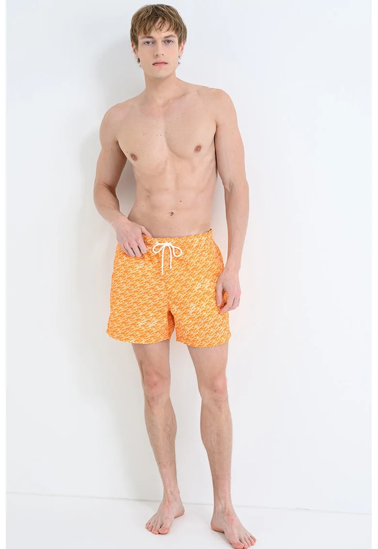 Pantaloni scurti de baie cu model si buzunare laterale, Alb/Portocaliu dovleac