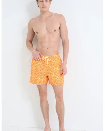 Pantaloni scurti de baie cu model si buzunare laterale, Alb/Portocaliu dovleac