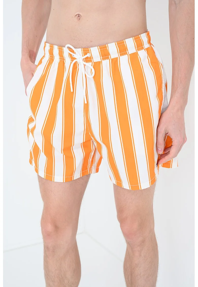 Pantaloni scurti de baie cu model si buzunare laterale, Alb/Portocaliu mandarina