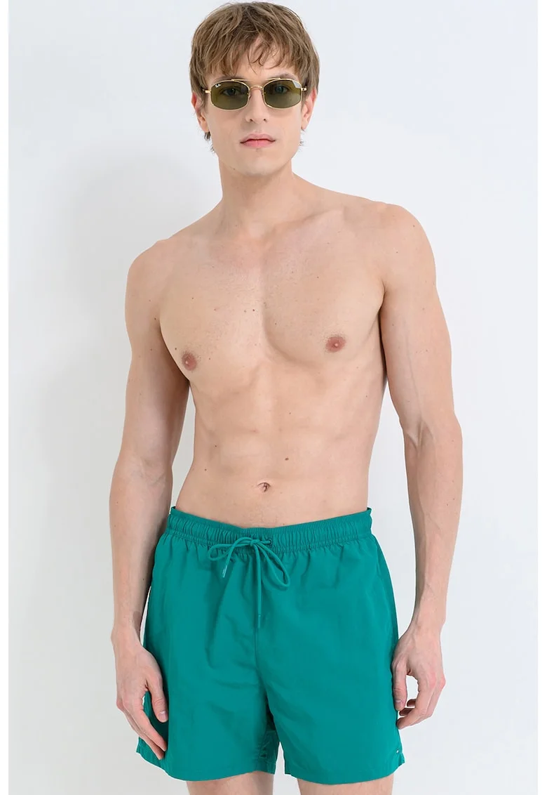 Pantaloni scurti de baie cu snururi si model uni, Verde persan