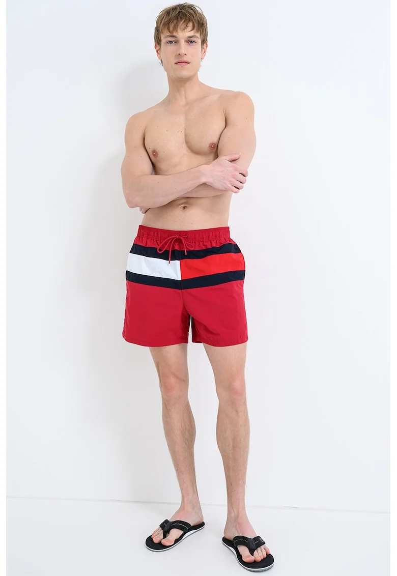 Pantaloni scurti de baie cu logo si snur in talie, Negru/Rosu inchis