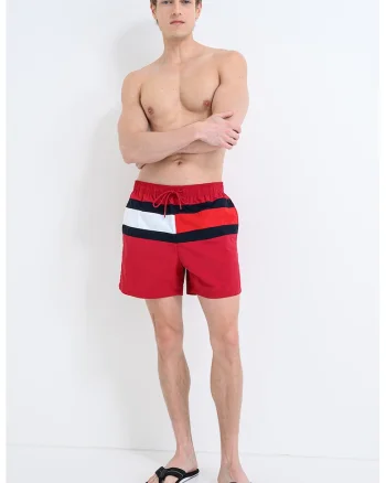 Pantaloni scurti de baie cu logo si snur in talie, Negru/Rosu inchis