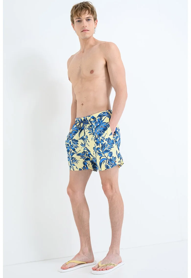 Pantaloni scurti de baie cu model si buzunare laterale, Albastru inchis/Galben deschis