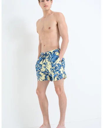Pantaloni scurti de baie cu model si buzunare laterale, Albastru inchis/Galben deschis