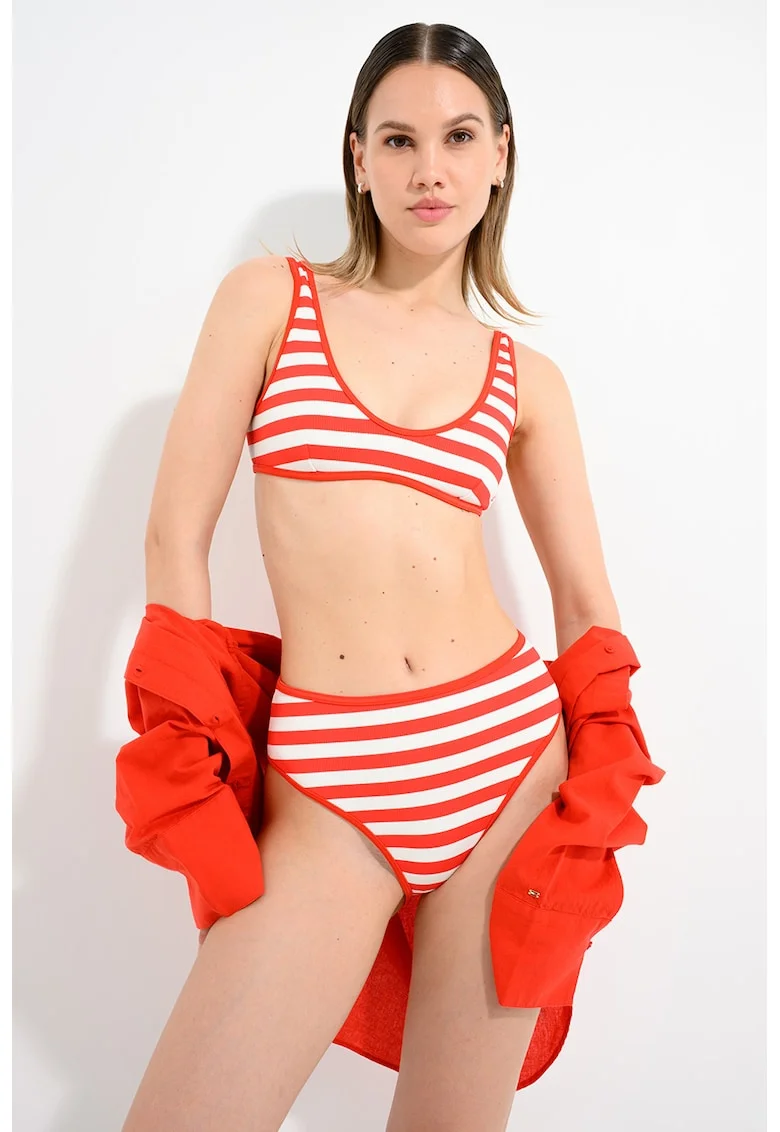 Costum de baie in doua piese cu model in dungi, Rosu/Alb