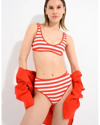 Costum de baie in doua piese cu model in dungi, Rosu/Alb