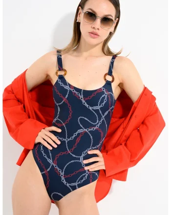 Costum de baie intreg cu imprimeu cu lant, Alb/Bleumarin
