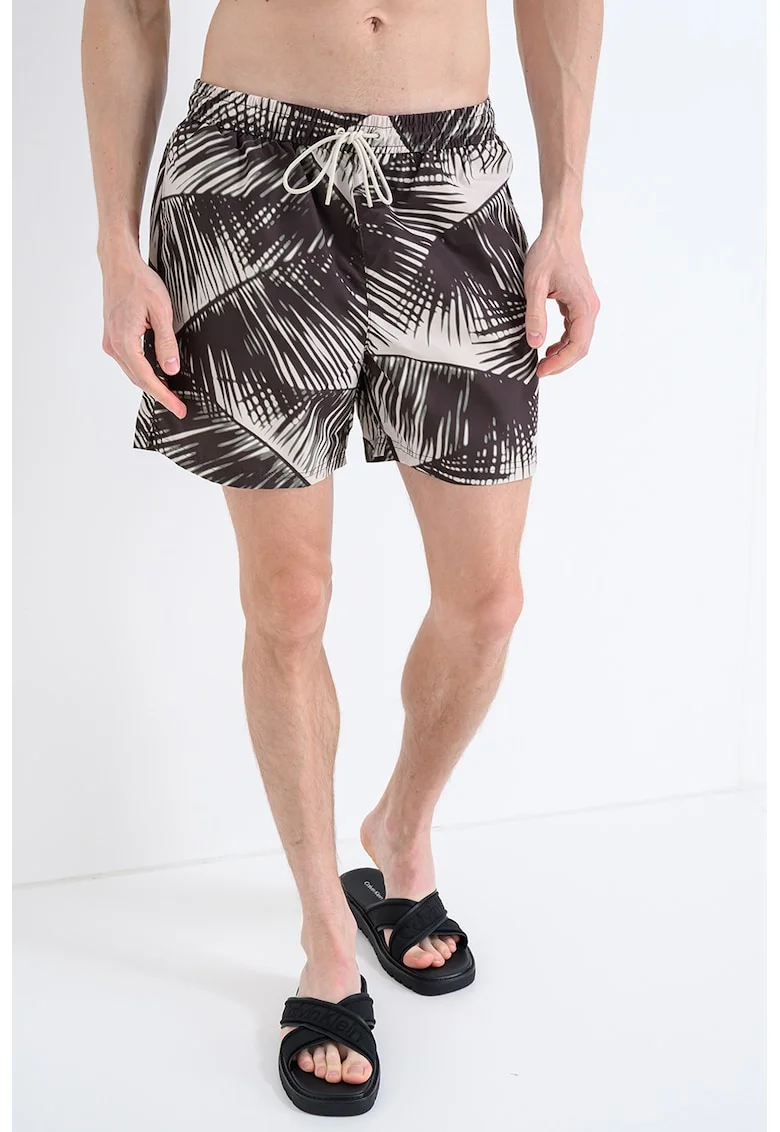 Pantaloni scurti de baie cu imprimeu, Alb fildes/Maro