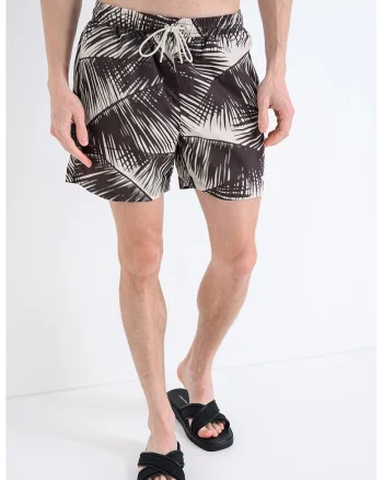 Pantaloni scurti de baie cu imprimeu, Alb fildes/Maro