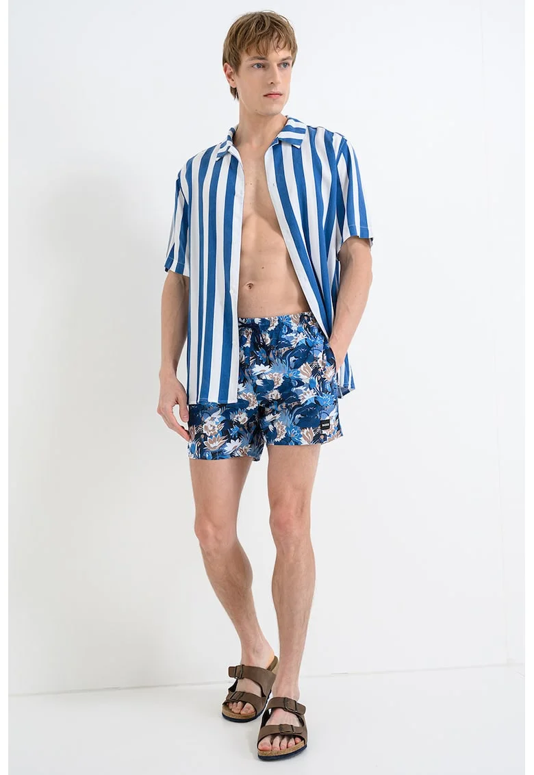 Pantaloni scurti de baie cu imprimeu tropical Piranha, Bej/Albastru