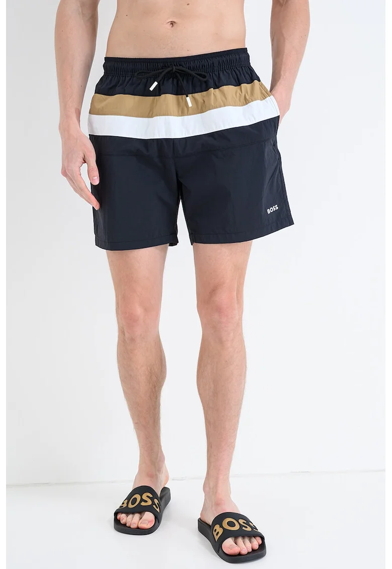 Pantaloni scurti de baie cu snur in talie si model in dungi Louis, Negru/Caramel