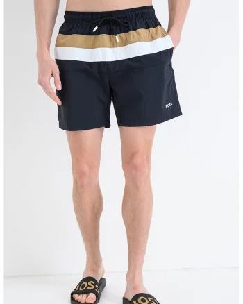 Pantaloni scurti de baie cu snur in talie si model in dungi Louis, Negru/Caramel