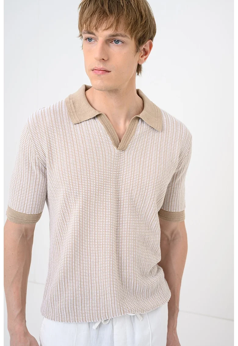 Tricou polo din amestec de in Seeroy, Alb/Maro camel