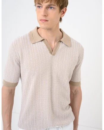 Tricou polo din amestec de in Seeroy, Alb/Maro camel